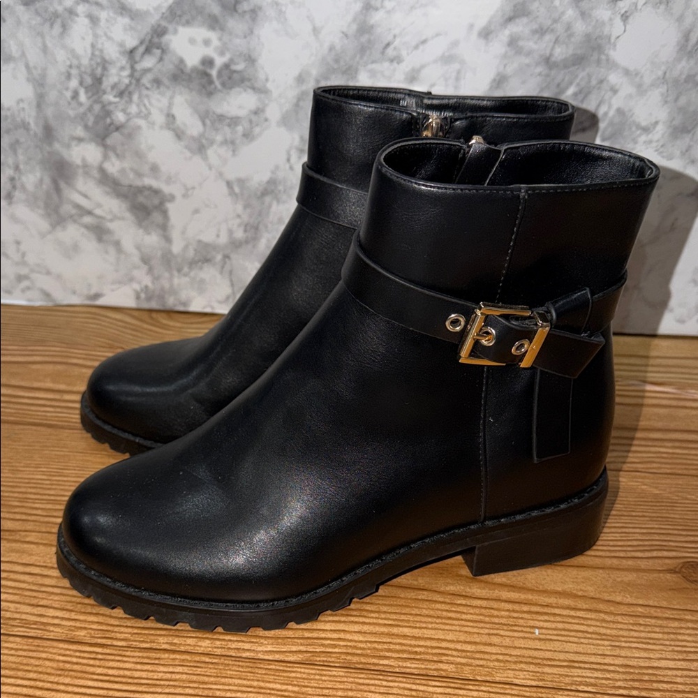 Maurices Black Ankle Boots with Gold Buckle